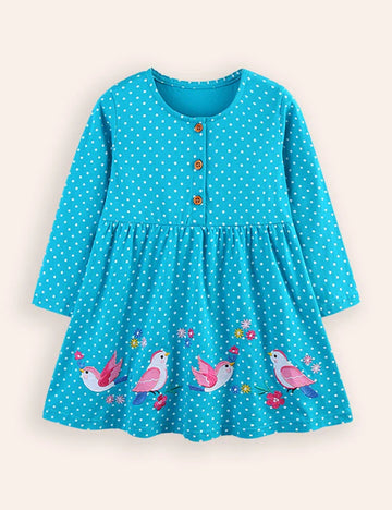 Bird Embroidered Long-sleeved Dress